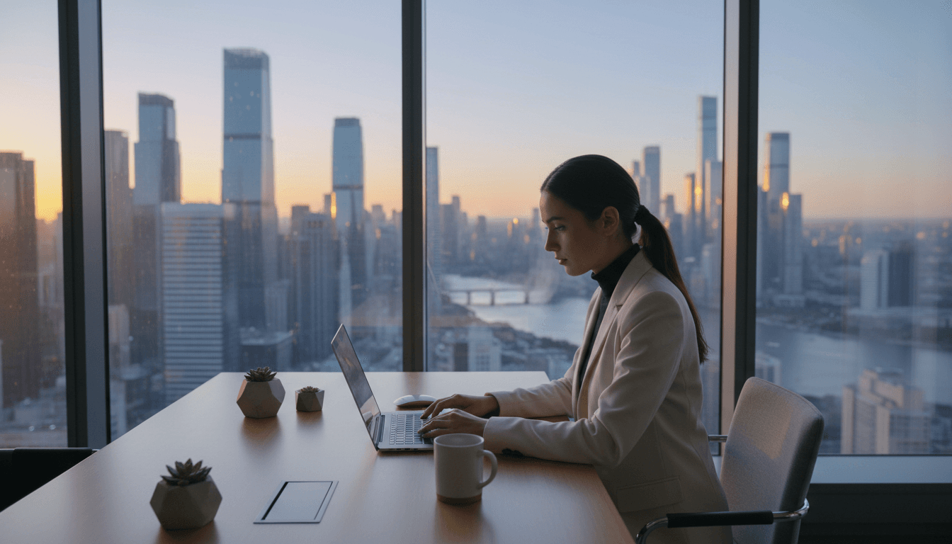 Person working on laptop with cityscape background, modern and clean environment.